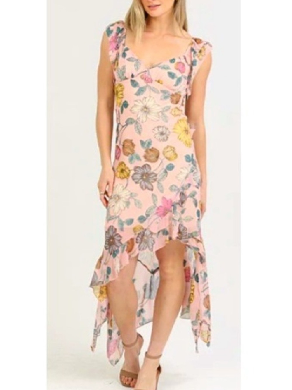 Angie Floral Print Dress Sz M w MEASUREMENTS Asymmetrical Ruffle Hem